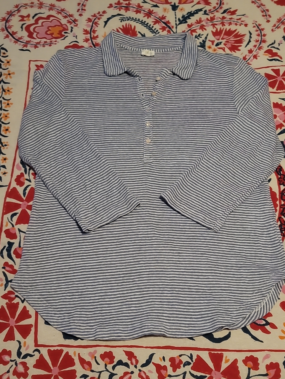 Poetry Womens Linen Blue & White Striped Three Quarter Length Sleeves Polo Shirt